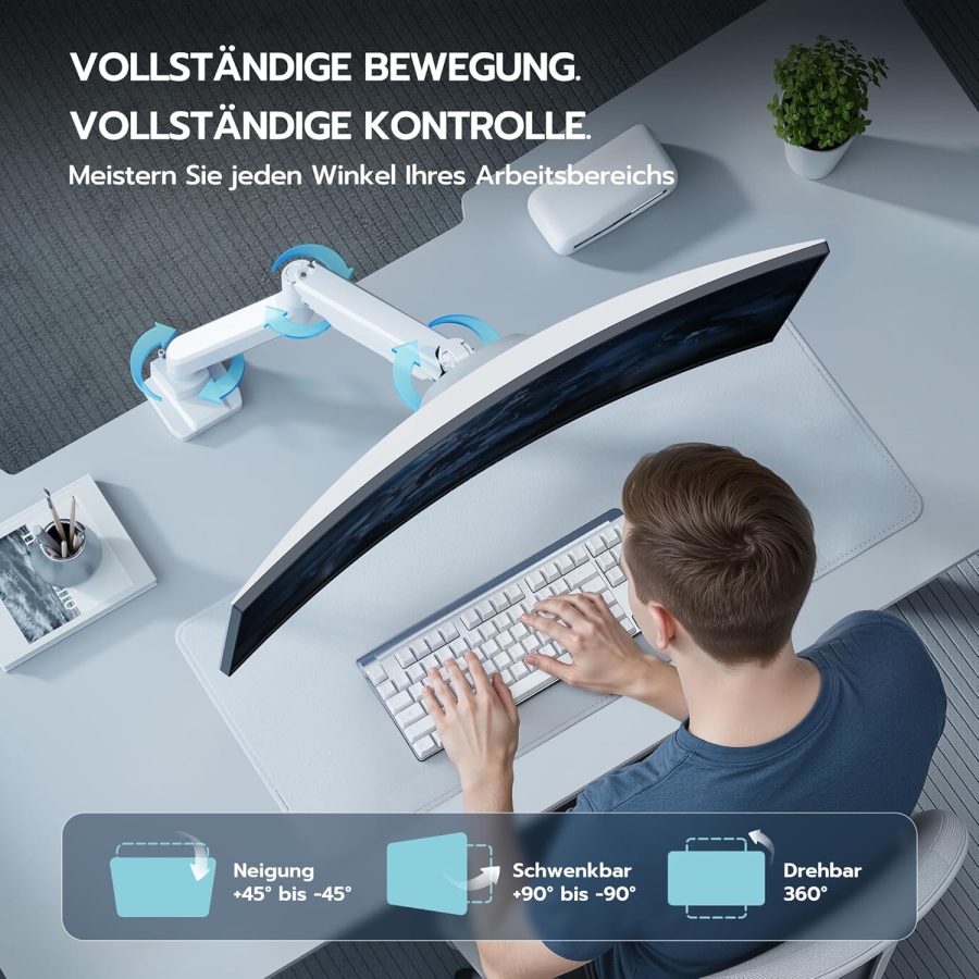 Braccio per monitor ARES WING Bianco 17–49" | fino a 18 kg (Supporto Ergonomico a Molla a Gas per Display Ultrawide & Curvi – VESA 75/100.)