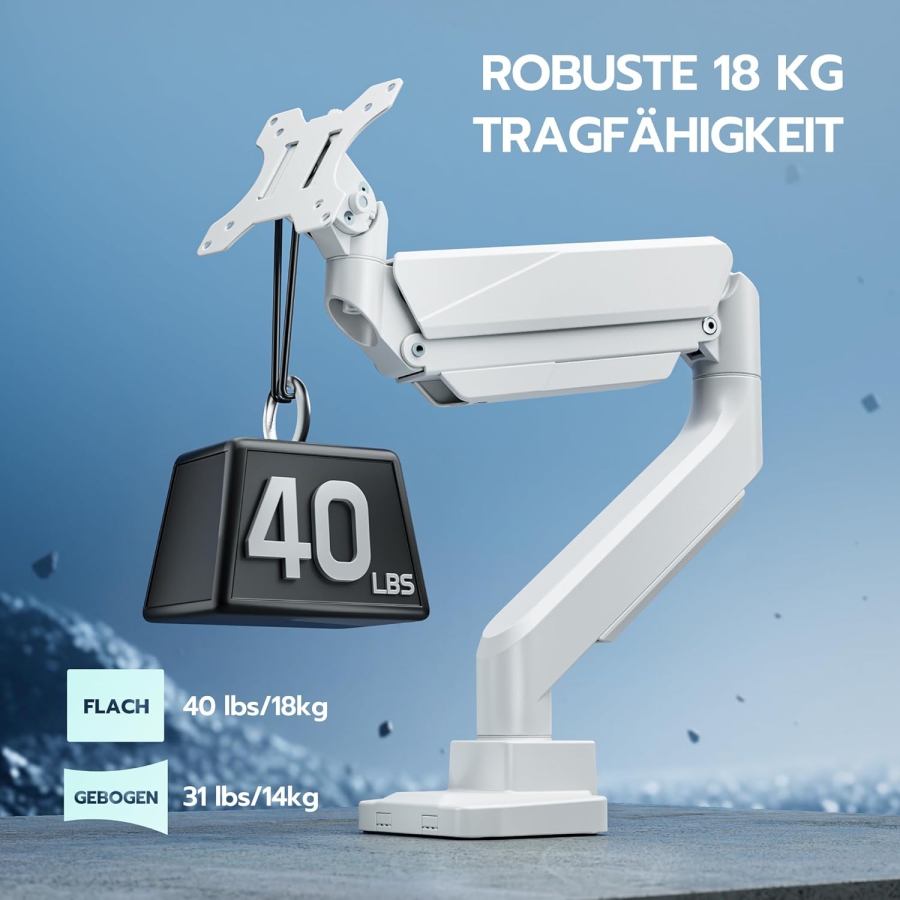 Braccio per monitor ARES WING Bianco 17–49" | fino a 18 kg (Supporto Ergonomico a Molla a Gas per Display Ultrawide & Curvi – VESA 75/100.)