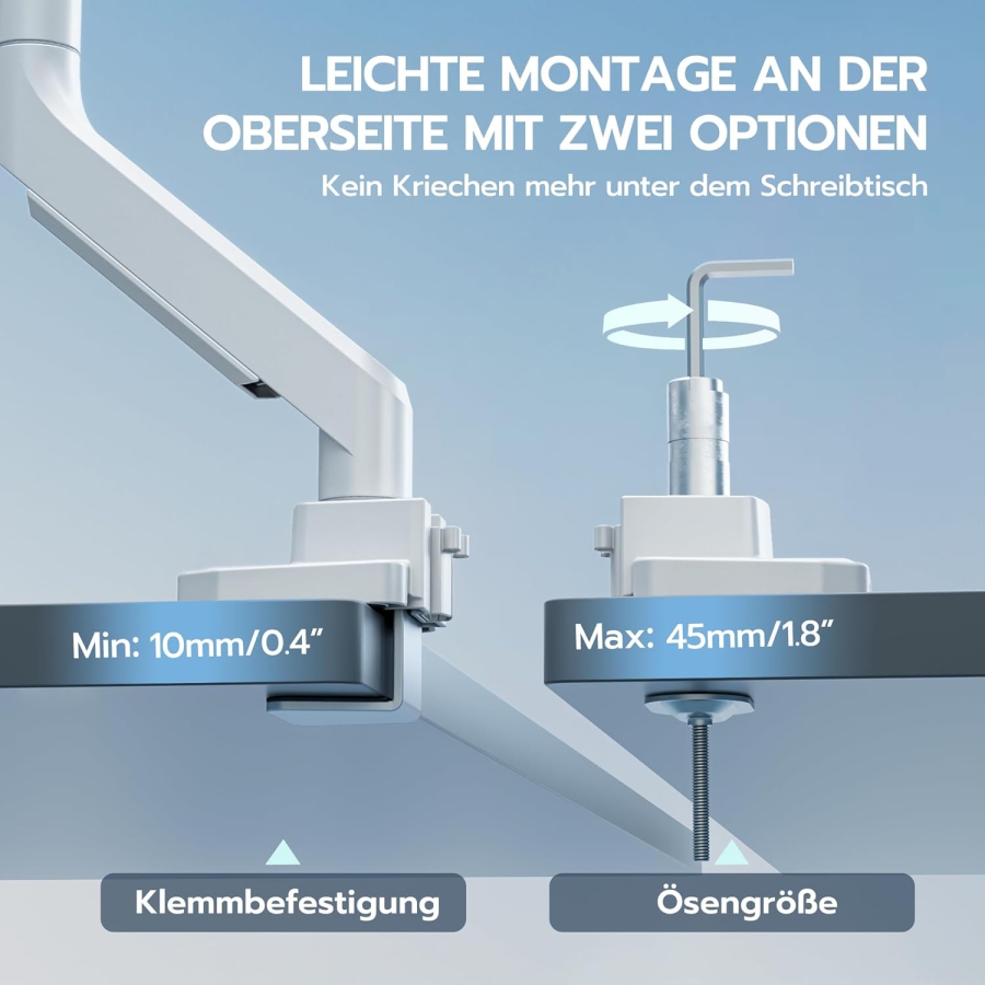 Braccio per monitor ARES WING Bianco 17–49" | fino a 18 kg (Supporto Ergonomico a Molla a Gas per Display Ultrawide & Curvi – VESA 75/100.)