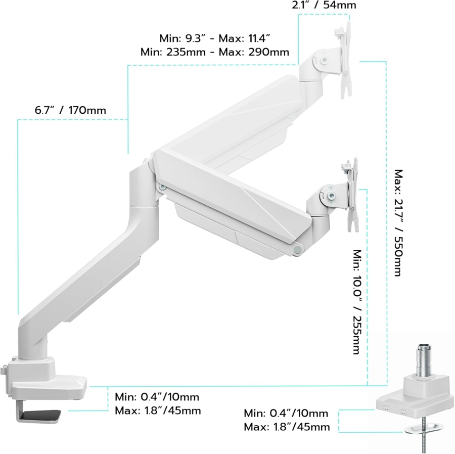 Braccio per monitor ARES WING Bianco 17–49" | fino a 18 kg (Supporto Ergonomico a Molla a Gas per Display Ultrawide & Curvi – VESA 75/100.)