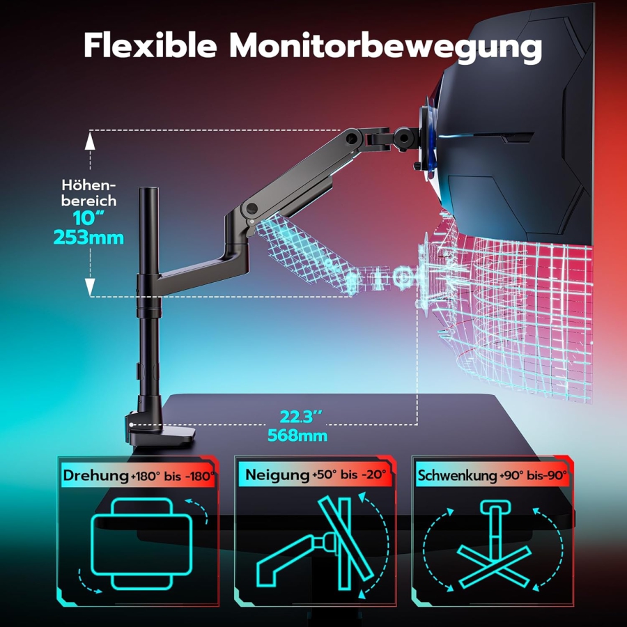 Braccio per monitor ARES WING con colonna 17–49" | fino a 20 kg (Colonna extra alta e portata di 20 kg per schermi Ultrawide e Curvi.)