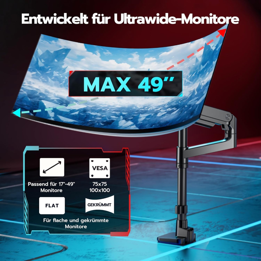 Braccio per monitor ARES WING con colonna 17–49" | fino a 20 kg (Colonna extra alta e portata di 20 kg per schermi Ultrawide e Curvi.)