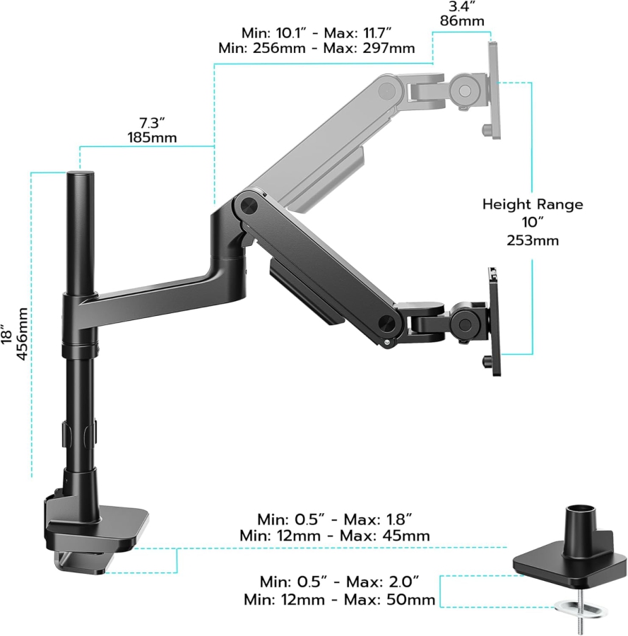 Braccio per monitor ARES WING con colonna 17–49" | fino a 20 kg (Colonna extra alta e portata di 20 kg per schermi Ultrawide e Curvi.)