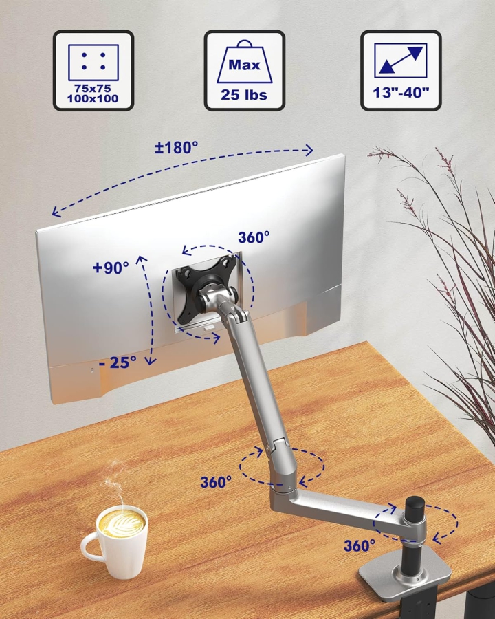 Braccio per monitor Ergounion RLAX E6 13–40" | 3–11 kg (Supporto a Braccio Singolo Premium in Alluminio Lucido)