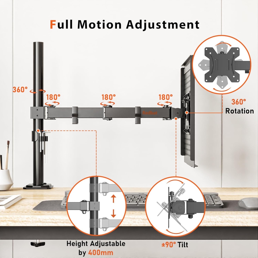 Braccio porta monitor Redbat con supporto ventilato per laptop, completamente regolabile per schermi LCD LED da 13 a 32 pollici e notebook fino a 16 pollici, 2 opzioni di montaggio, inclinazione, rotazione e orientamento