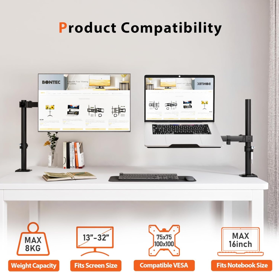 Braccio porta monitor Redbat con supporto ventilato per laptop, completamente regolabile per schermi LCD LED da 13 a 32 pollici e notebook fino a 16 pollici, 2 opzioni di montaggio, inclinazione, rotazione e orientamento