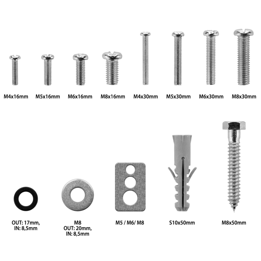 deleyCON Set di Viti VESA Universali da 66 Pezzi per TV & Supporto a Parete (M4, M5, M6, M8) (Materiale di fissaggio completo incl. tasselli, viti da muro & distanziatori per tutti i televisori comuni)