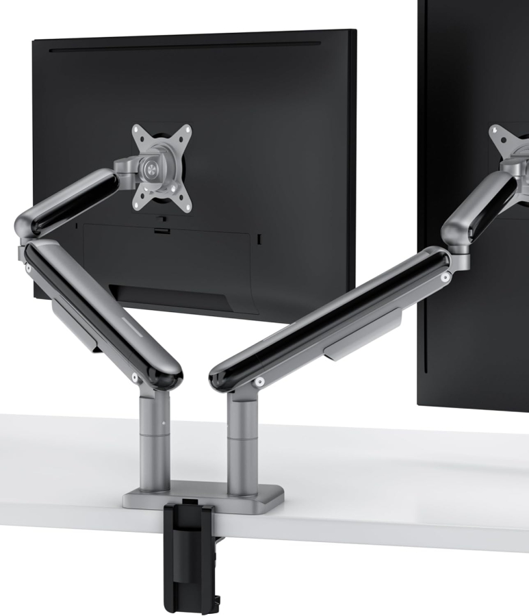 Desktronic Supporto Doppio Monitor per 2 Schermi fino a 32 Pollici & 8 kg (Design salvaspazio (vicino alla parete) – Girevole a 360°, Regolabile in altezza & Robusta struttura in acciaio.)