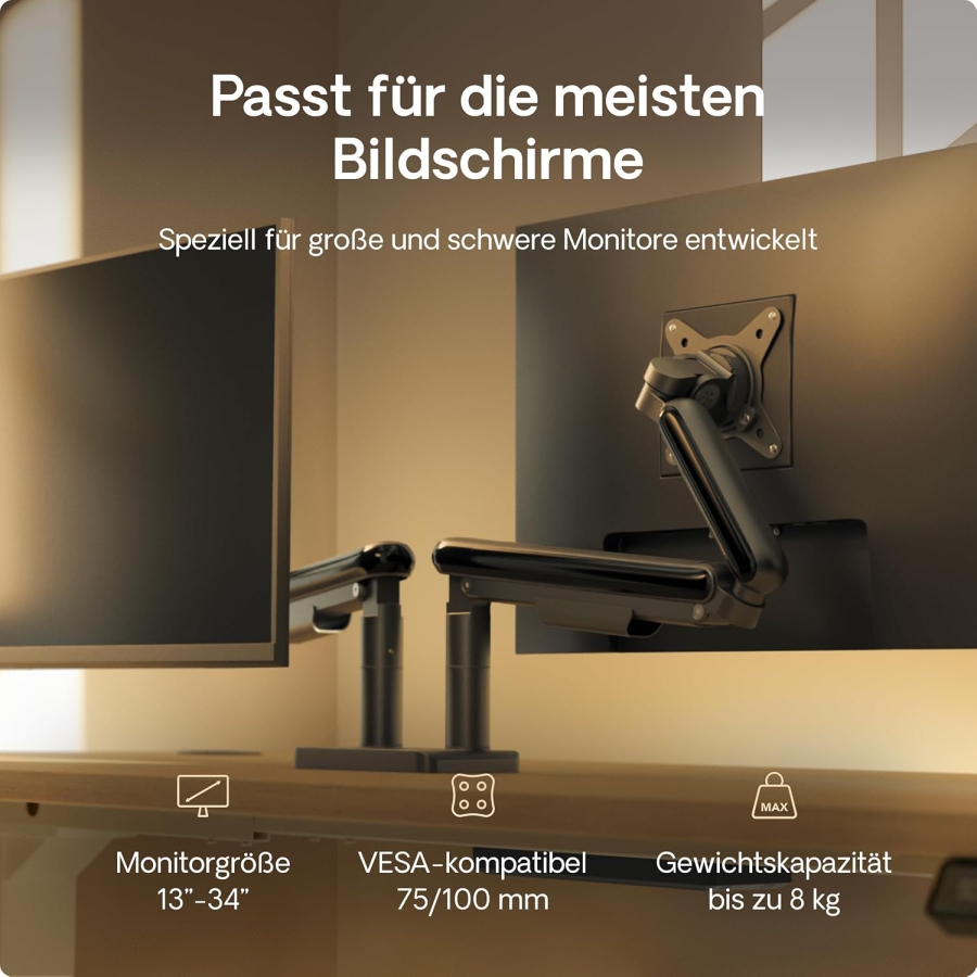 Desktronic Supporto Doppio Monitor per 2 Schermi fino a 32 Pollici & 8 kg (Design salvaspazio (vicino alla parete) – Girevole a 360°, Regolabile in altezza & Robusta struttura in acciaio.)