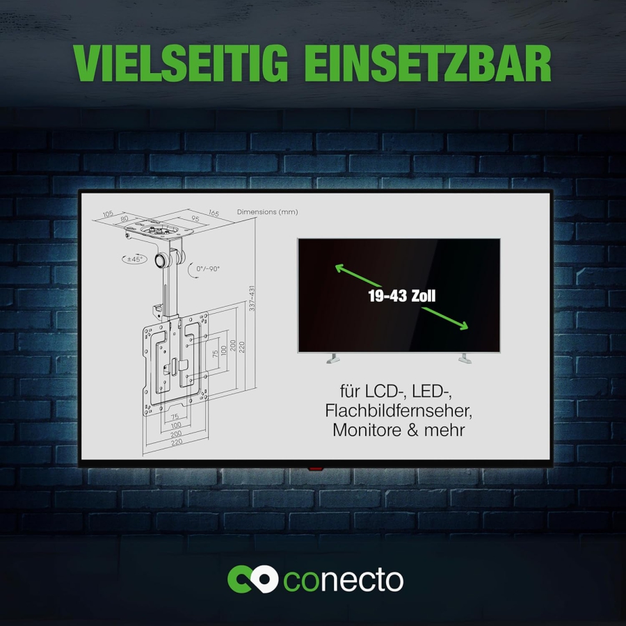 ELIVED Supporto da Soffitto Pieghevole per TV & Monitor 14–42 Pollici (EV3030) (Supporto sottopensile salvaspazio per armadi, camper & soffitti inclinati – Regolabile in altezza & Girevole fino a 10 kg)