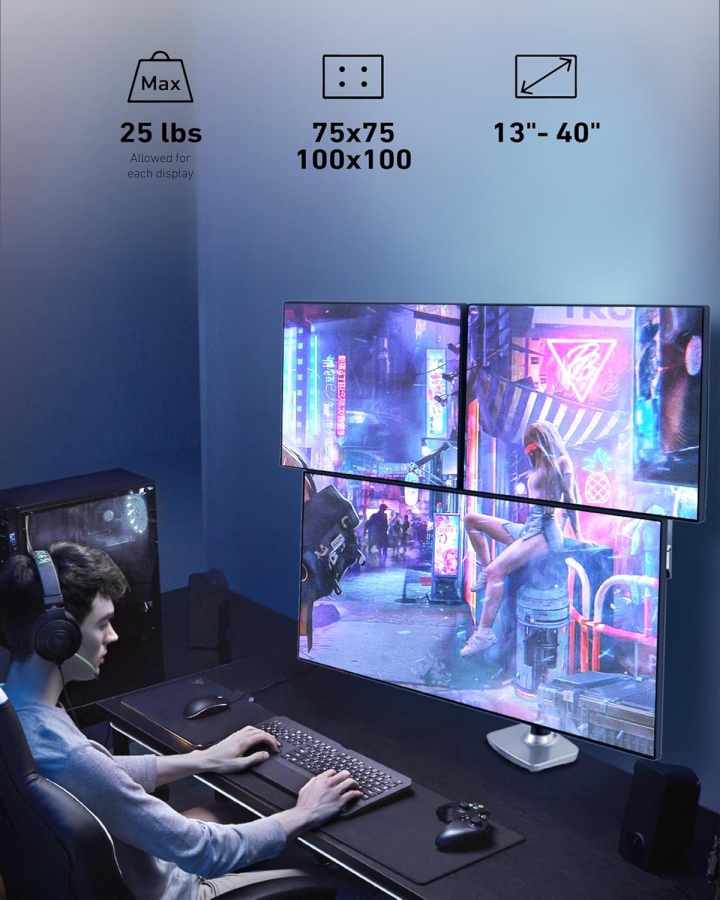 Ergounion Supporto Monitor 3 Schermi (Alluminio) per 13–40 Pollici (Supporto da Tavolo Premium per Tre Monitor fino a 11,3 kg Ciascuno – Con Molla Meccanica Durevole.)