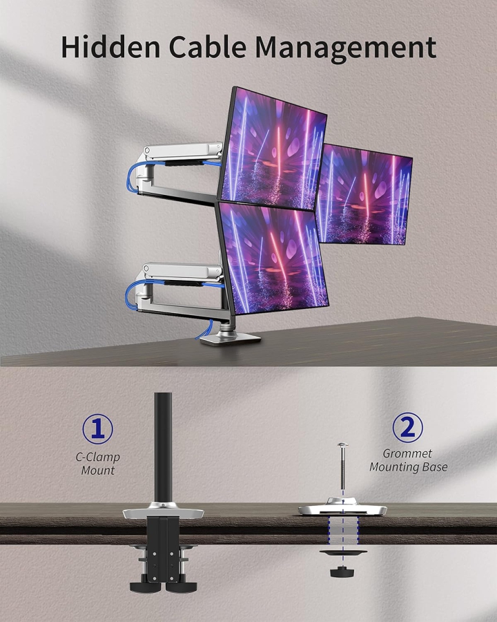 Ergounion Supporto Monitor 3 Schermi (Alluminio) per 13–40 Pollici (Supporto da Tavolo Premium per Tre Monitor fino a 11,3 kg Ciascuno – Con Molla Meccanica Durevole.)