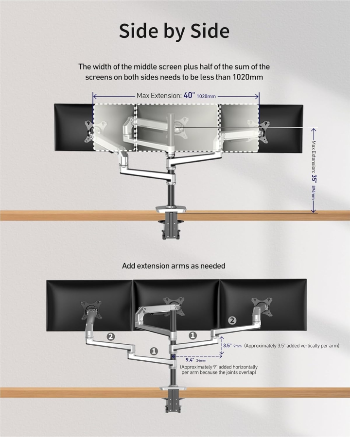 Ergounion Supporto Monitor 3 Schermi (Alluminio) per 13–40 Pollici (Supporto da Tavolo Premium per Tre Monitor fino a 11,3 kg Ciascuno – Con Molla Meccanica Durevole.)