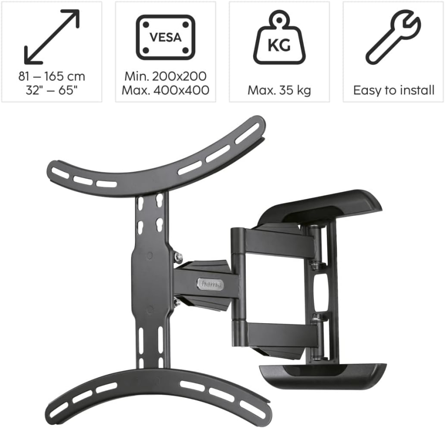 Hama Supporto TV a Parete Girevole & Inclinabile per TV 32-65 Pollici (Fullmotion) (Estensibile fino a 40,7 cm – VESA 400x400, Carico 35 kg – Incl. tasselli Fischer & 10 anni di garanzia.)