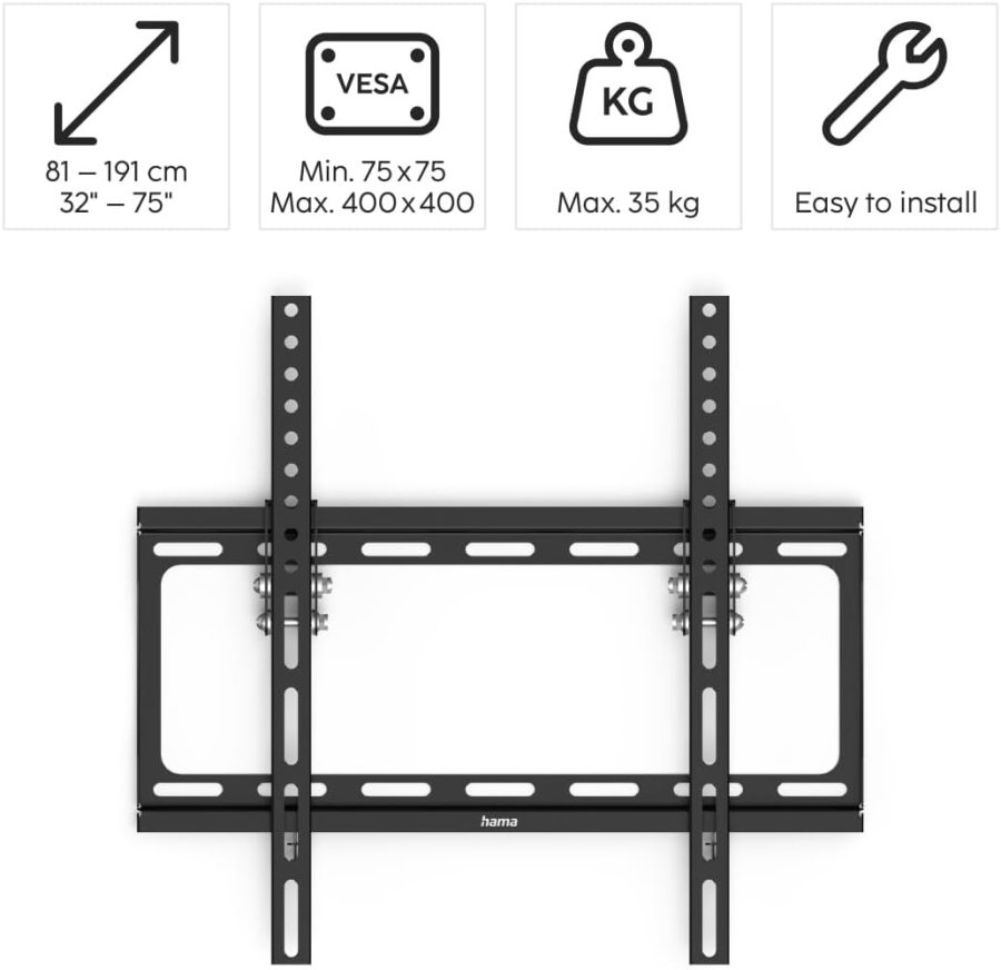 Hama Supporto TV a Parete Inclinabile per Televisori da 32-75 Pollici (VESA 400x400) (Supporto TV ultrapiatto (2,4 cm distanza dalla parete) – Inclinabile in modo continuo di 10°, portata fino a 35 kg.)