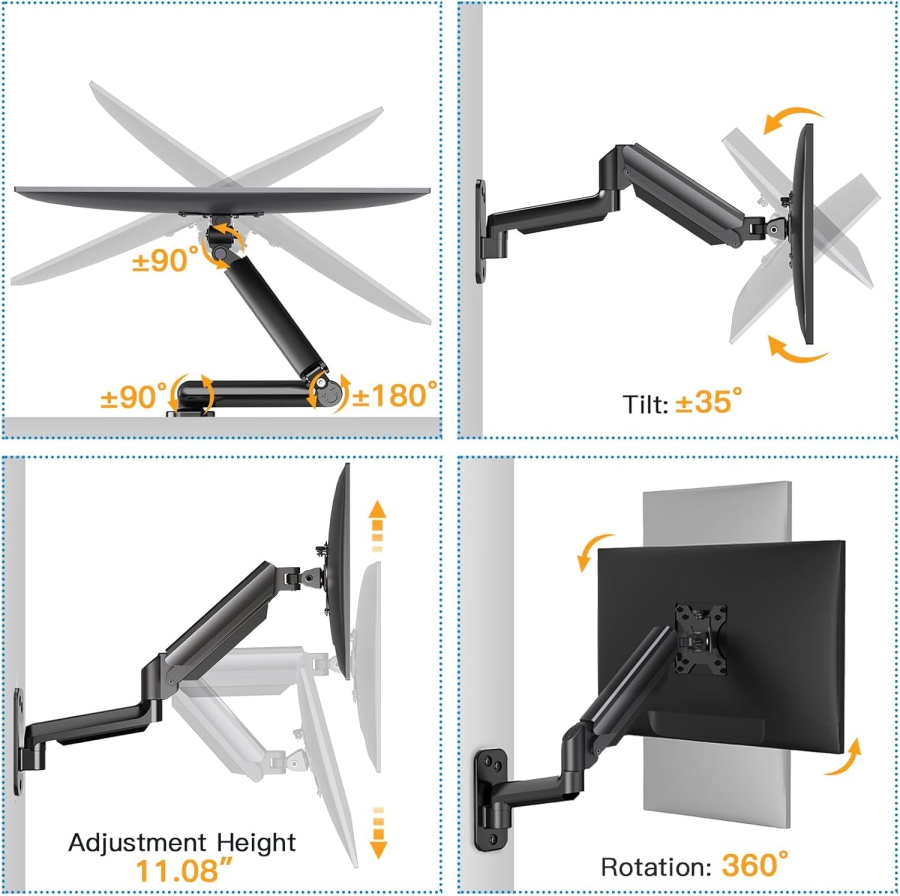 HUANUO Supporto a Muro per Monitor (17–32 Pollici) con Braccio a Molla a Gas 360° (Costruzione in Alluminio Premium per un Comfort Ergonomico Duraturo e una Postazione di Lavoro Ordinata.)