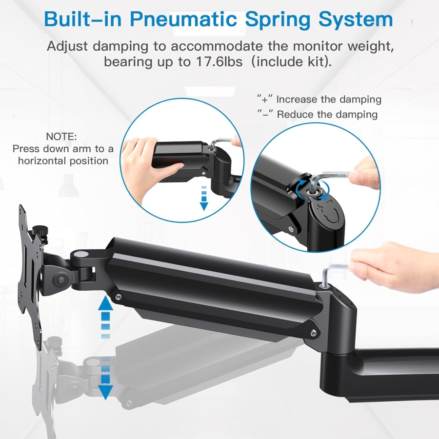 HUANUO Supporto a Muro per Monitor (17–32 Pollici) con Braccio a Molla a Gas 360° (Costruzione in Alluminio Premium per un Comfort Ergonomico Duraturo e una Postazione di Lavoro Ordinata.)