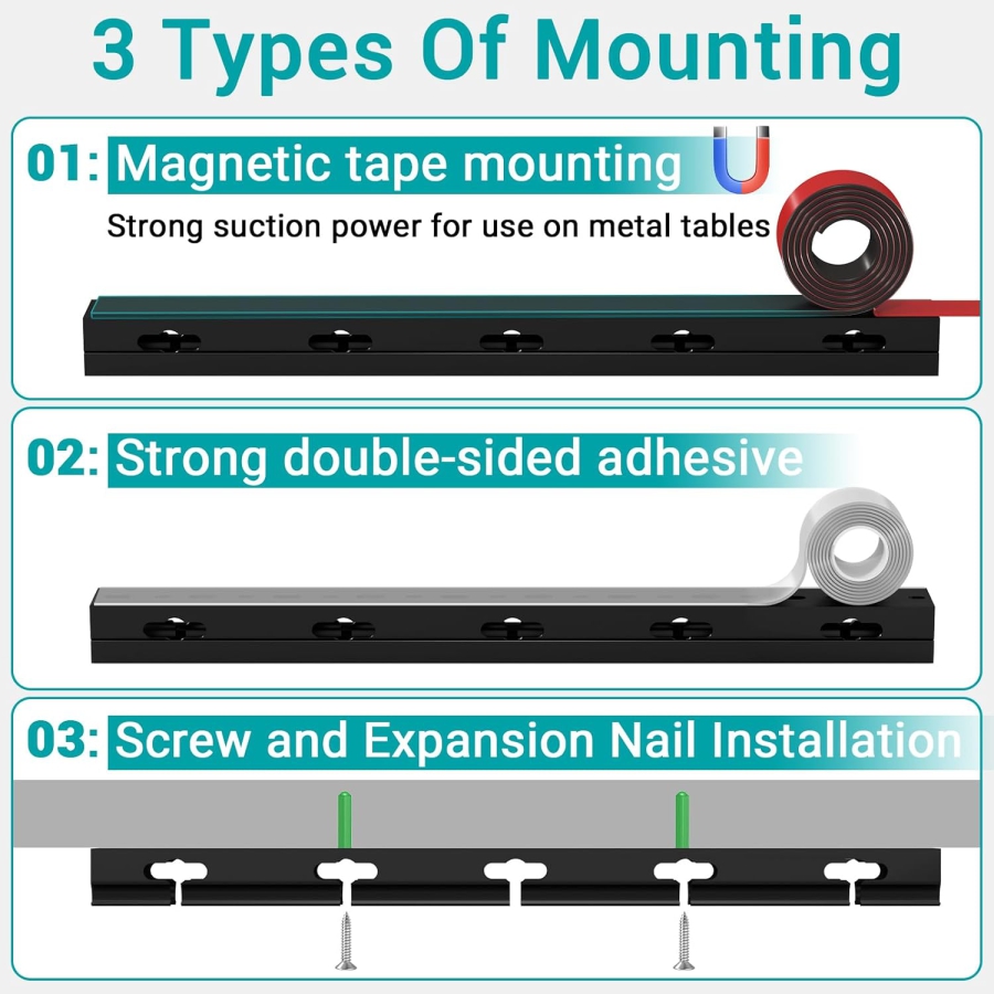 Magnetic Canalina Passacavi Nera Set da 4 per Scrivania & TV (4x 40cm) (Gestione cavi innovativa: Magnetica, Autoadesiva o Avvitabile – Con fori grandi migliorati.)