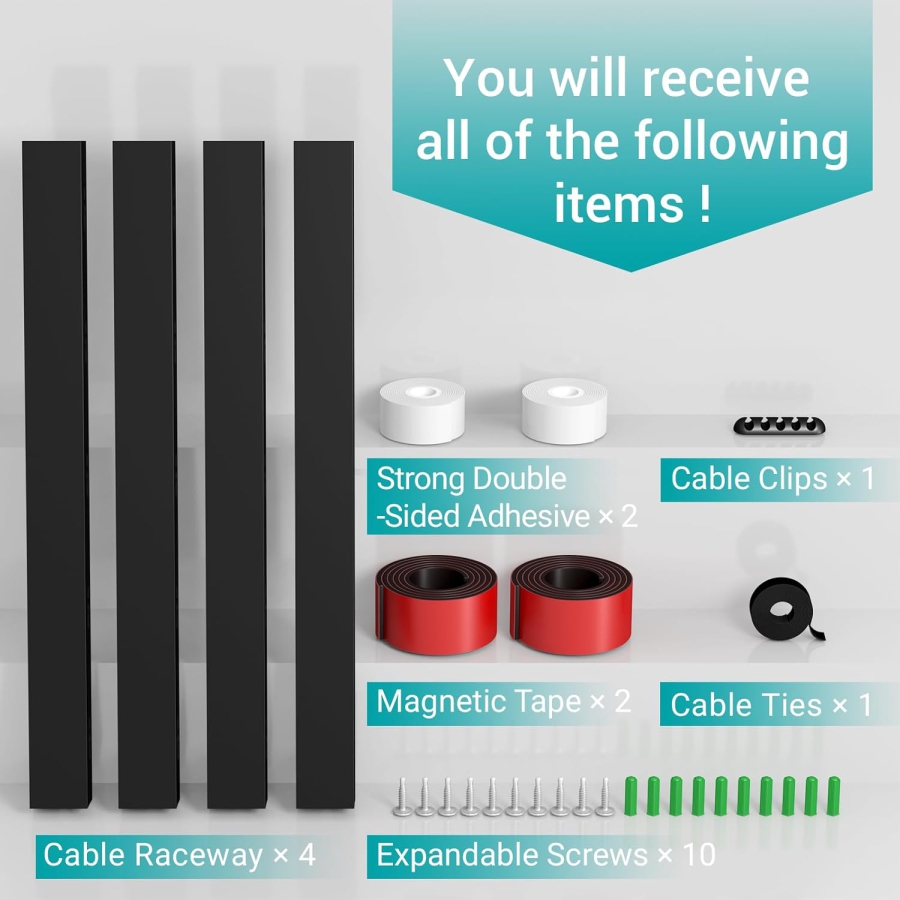 Magnetic Canalina Passacavi Nera Set da 4 per Scrivania & TV (4x 40cm) (Gestione cavi innovativa: Magnetica, Autoadesiva o Avvitabile – Con fori grandi migliorati.)