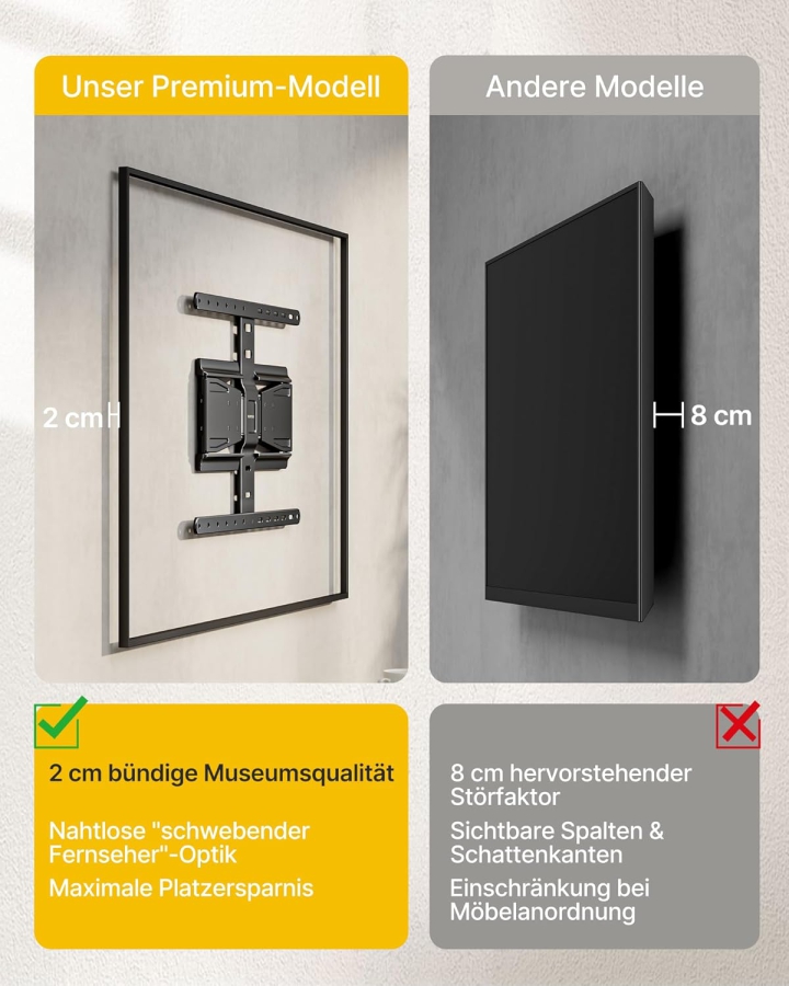 monTEK Supporto TV a Parete Ultra Slim per 43-90 Pollici (Solo 2 cm di distanza dal muro) (Design estremamente piatto (0,77") con braccio snodato Full-Motion – Carico 50 kg, VESA 600x400.)