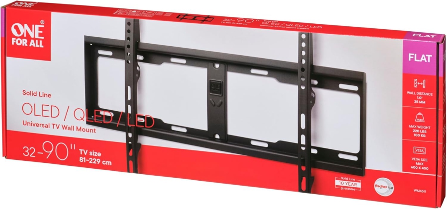 One for All Supporto TV a Parete Piatto per Televisori da 32-90 Pollici (WM4611) (Supporto estremamente robusto della serie Solid (fino a 100 kg) – Solo 25 mm di distanza dalla parete – VESA fino a 600x400.)