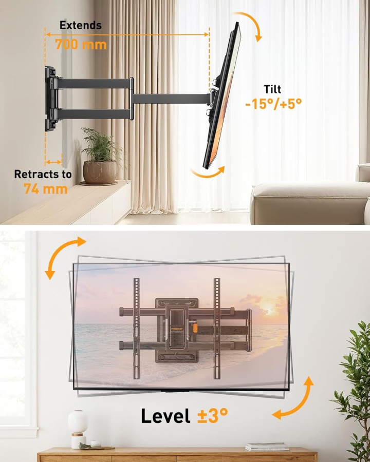 Perlegear Supporto TV a Parete Extra Lungo Estensione 70cm per 32-65 Pollici (Max. 60 kg) (Supporto Angolare Full Motion con braccio da 700mm – Girevole ±90°, Inclinabile & VESA 400x400.)