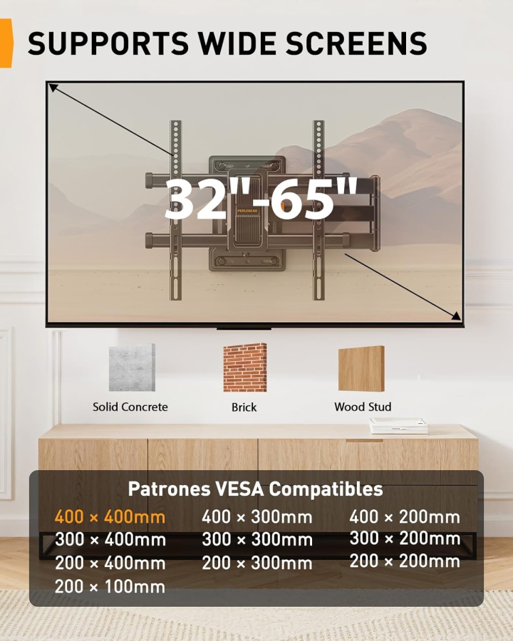 Perlegear Supporto TV a Parete Extra Lungo Estensione 70cm per 32-65 Pollici (Max. 60 kg) (Supporto Angolare Full Motion con braccio da 700mm – Girevole ±90°, Inclinabile & VESA 400x400.)