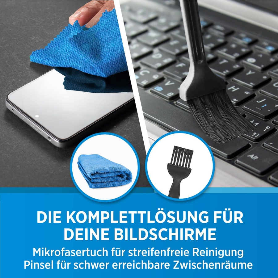 PRINOX Kit Pulizia Schermo 250ml con Panno in Microfibra & Pennello (Made in Germany: Cura senza aloni per monitor LCD, OLED & VESA – Rimuove grasso & impronte digitali.)