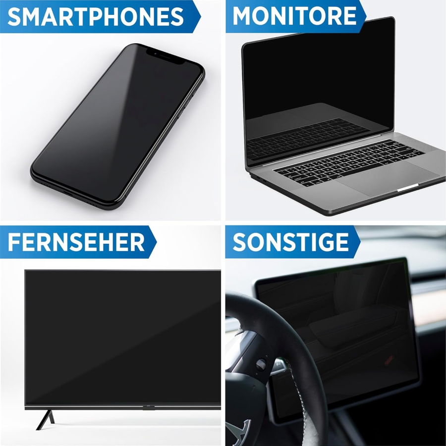 PRINOX Kit Pulizia Schermo 250ml con Panno in Microfibra & Pennello (Made in Germany: Cura senza aloni per monitor LCD, OLED & VESA – Rimuove grasso & impronte digitali.)