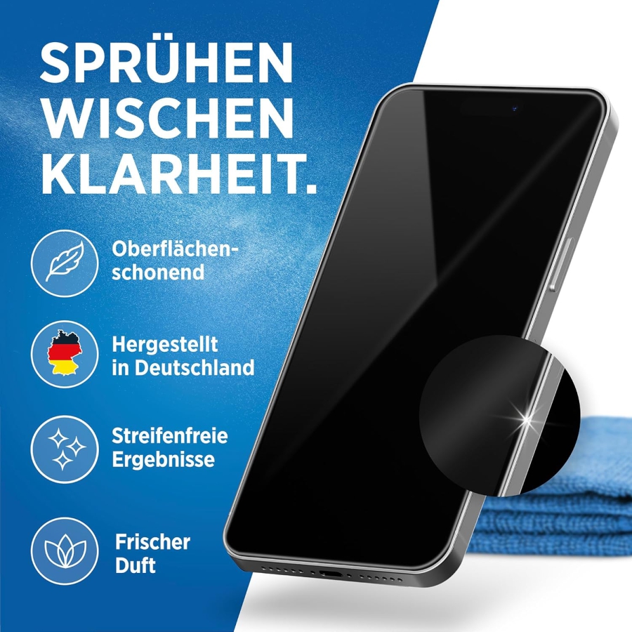 PRINOX Kit Pulizia Schermo 250ml con Panno in Microfibra & Pennello (Made in Germany: Cura senza aloni per monitor LCD, OLED & VESA – Rimuove grasso & impronte digitali.)