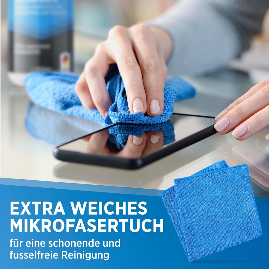 PRINOX Kit Pulizia Schermo 250ml con Panno in Microfibra & Pennello (Made in Germany: Cura senza aloni per monitor LCD, OLED & VESA – Rimuove grasso & impronte digitali.)
