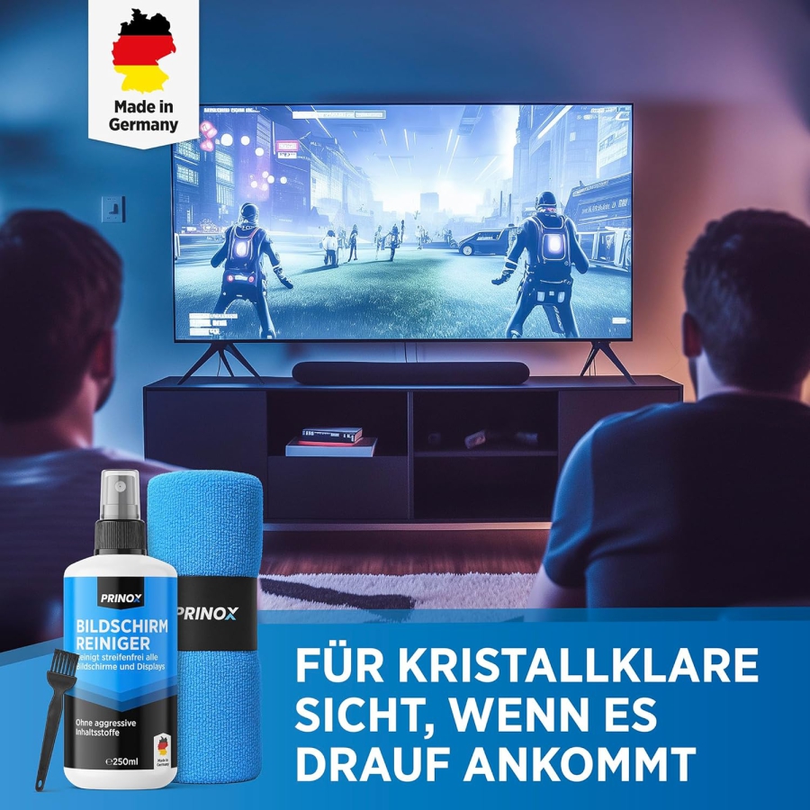 PRINOX Kit Pulizia Schermo 250ml con Panno in Microfibra & Pennello (Made in Germany: Cura senza aloni per monitor LCD, OLED & VESA – Rimuove grasso & impronte digitali.)