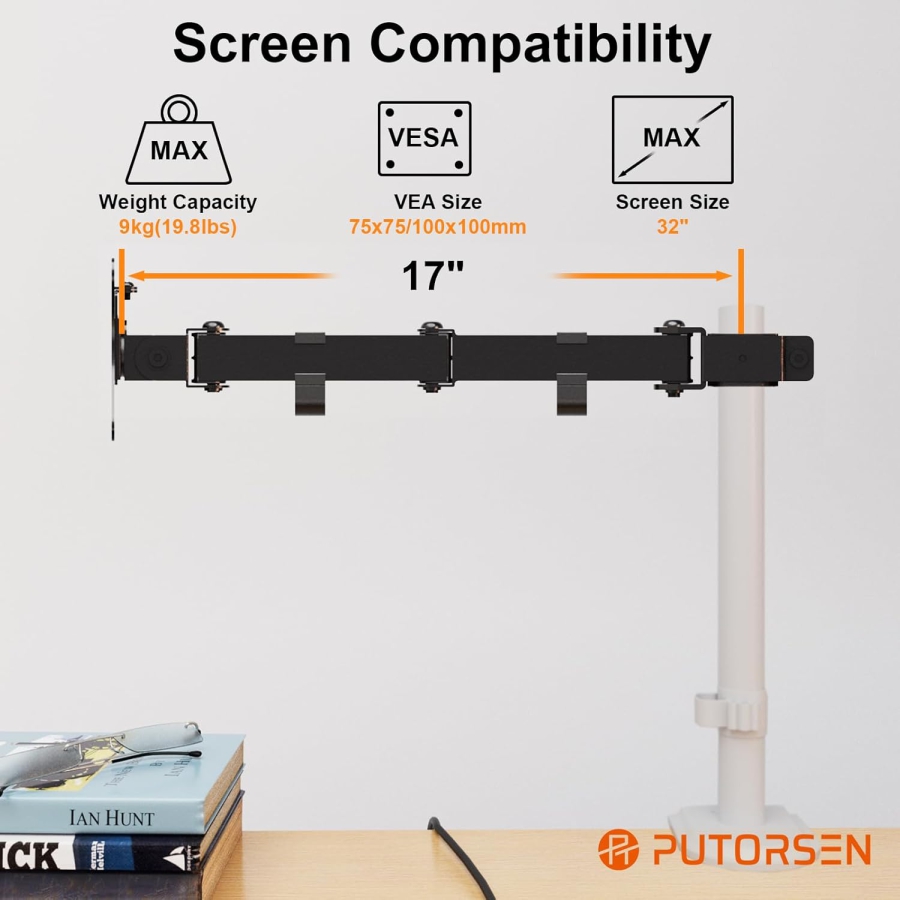 PUTORSEN Braccio Monitor Singolo per Estensione (per Aste da 3,5 cm) – Senza Base (Braccio aggiuntivo per supporti monitor esistenti – VESA 75/100, carico fino a 9 kg & Completamente mobile.)