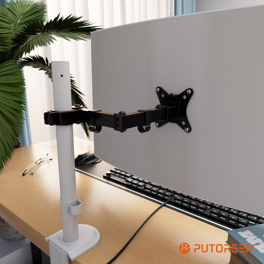 PUTORSEN Braccio Monitor Singolo per Estensione (per Aste da 3,5 cm) – Senza Base (Braccio aggiuntivo per supporti monitor esistenti – VESA 75/100, carico fino a 9 kg & Completamente mobile.)