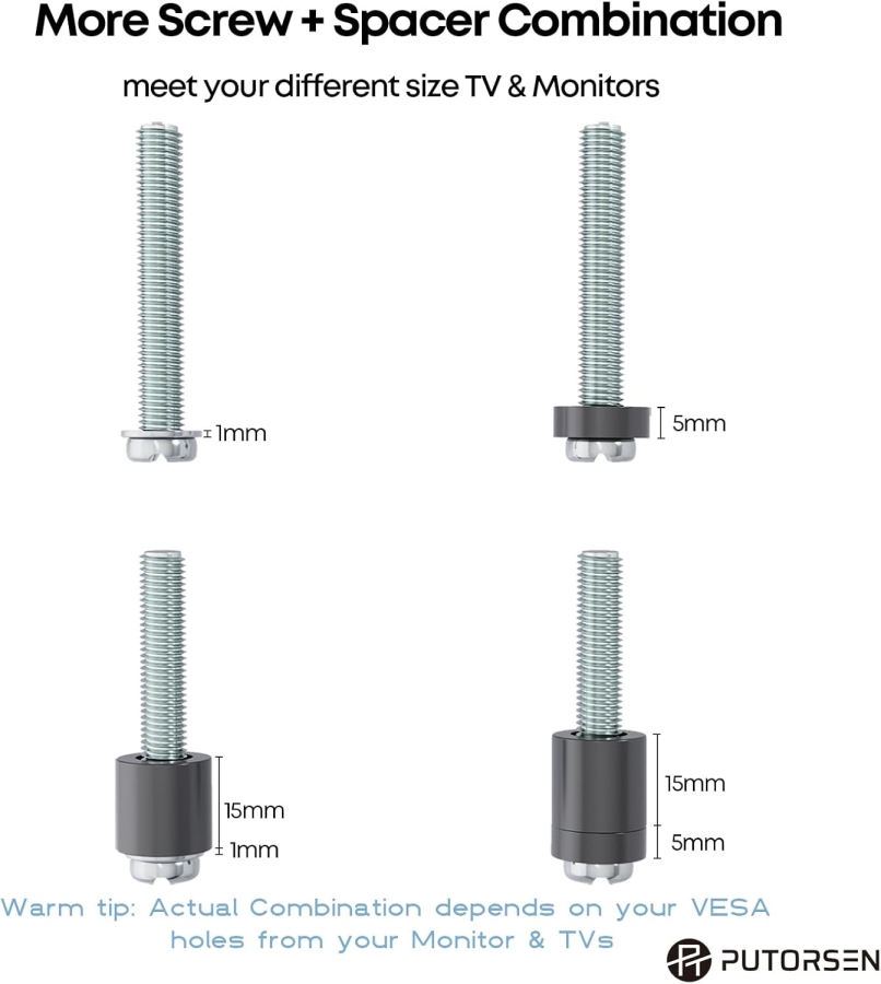 PUTORSEN Set di Viti VESA Universali per TV fino a 90 Pollici (M4, M5, M6, M8) (Kit hardware completo per supporti a parete e piedistalli – Incl. distanziatori e rondelle.)
