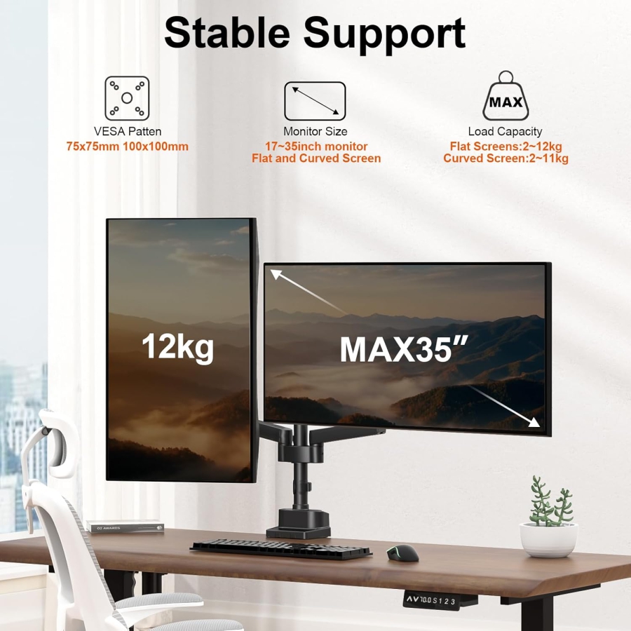PUTORSEN Supporto da Tavolo Doppio Monitor per Schermi 17–35 Pollici (Supporto Ergonomico a Molla a Gas per Due Monitor fino a 12 kg Ciascuno)