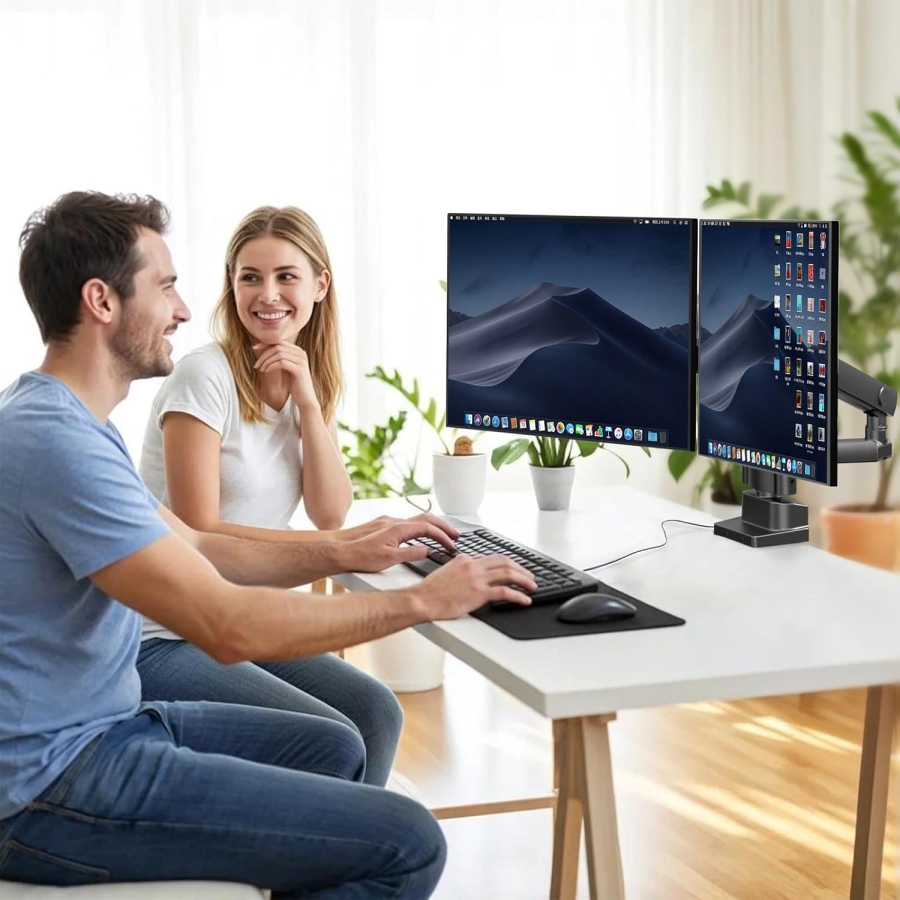 PUTORSEN Supporto da Tavolo Doppio Monitor per Schermi 17–35 Pollici (Supporto Ergonomico a Molla a Gas per Due Monitor fino a 12 kg Ciascuno)