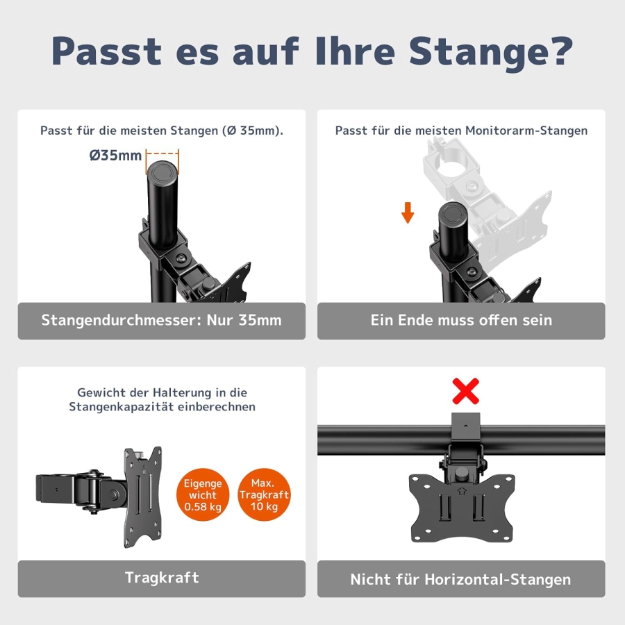 PUTORSEN Supporto Universale in Acciaio per Supporti Monitor (17-32 Pollici, Asta 3,5 cm) (Braccio singolo robusto fino a 10 kg – VESA 75x75/100x100 mm, Inclinabile, Girevole & Ruotabile a 360°.)