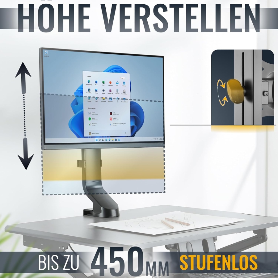 RICOO Braccio per Monitor 13–32" | regolabile in altezza (Robusto Supporto Monitor con Morsetto da Tavolo per Display fino a 7 kg – Regolabile in Altezza e Girevole)