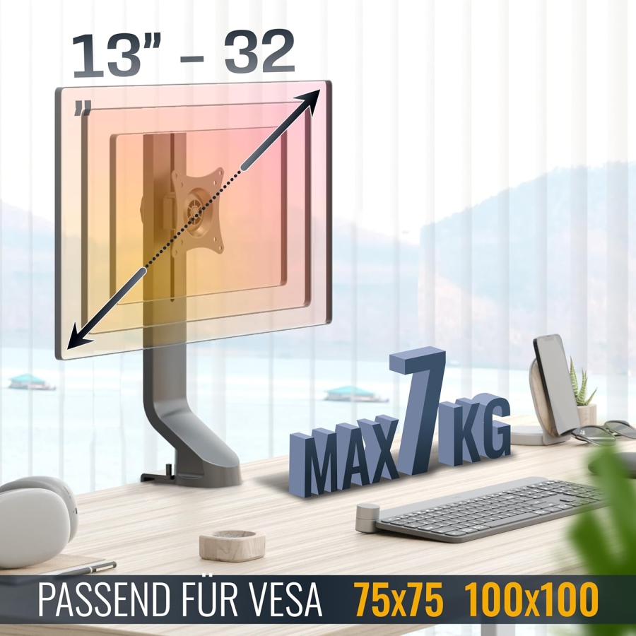 RICOO Braccio per Monitor 13–32" | regolabile in altezza (Robusto Supporto Monitor con Morsetto da Tavolo per Display fino a 7 kg – Regolabile in Altezza e Girevole)