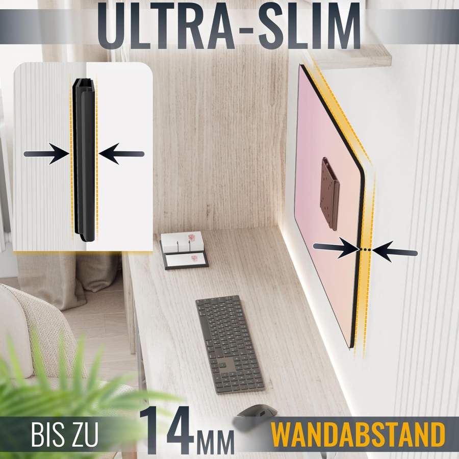 RICOO Monitorhalterung Parete F0311 per 13-34 Pollici – Fissa & Slim (14mm), VESA 75/100, fino a 30kg (Supporto a parete ultra-piatto per schermi PC: design minimalista, massima stabilità e montaggio facile.)