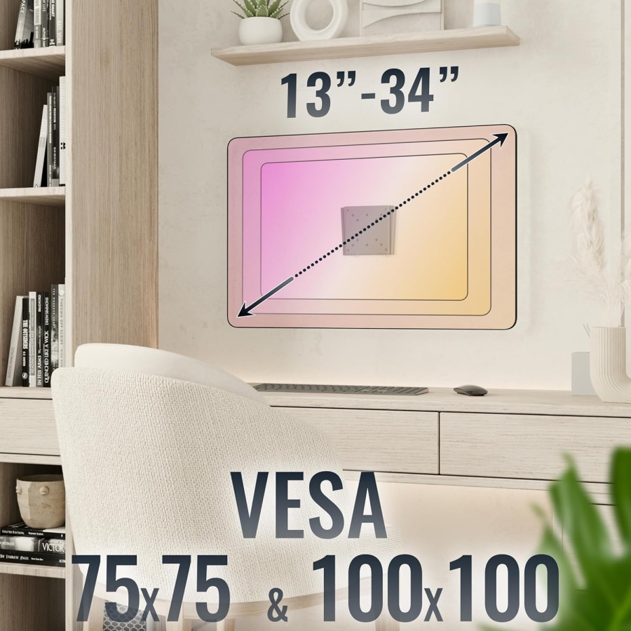 RICOO Monitorhalterung Parete F0311 per 13-34 Pollici – Fissa & Slim (14mm), VESA 75/100, fino a 30kg (Supporto a parete ultra-piatto per schermi PC: design minimalista, massima stabilità e montaggio facile.)