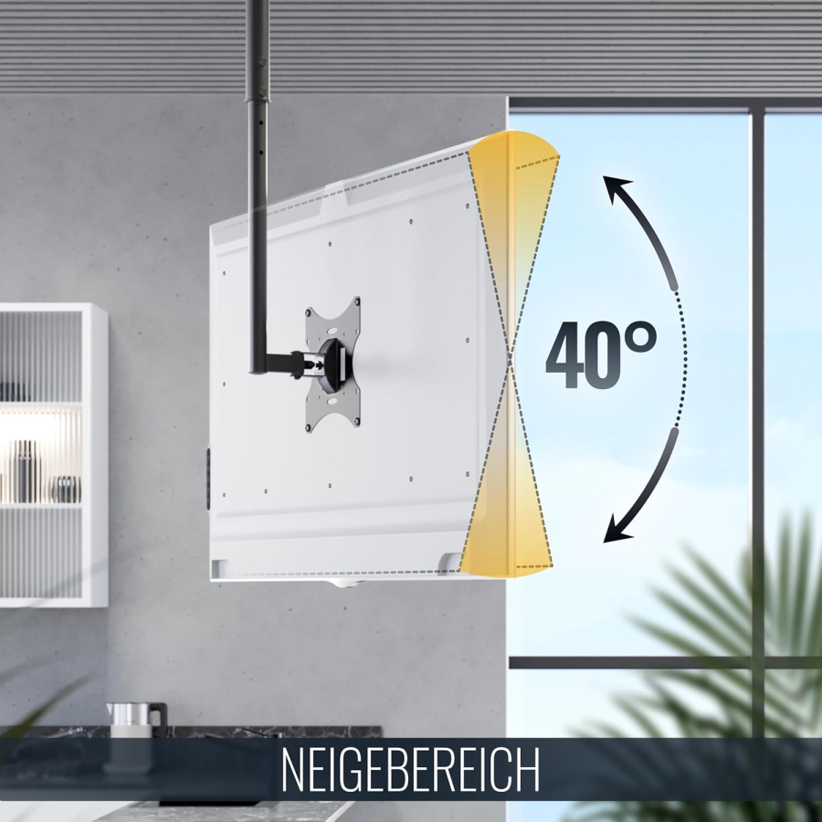 RICOO Supporto da Soffitto per Monitor & TV (D0322) per 32–55 Pollici (Supporto da soffitto flessibile: Girevole, Inclinabile & Regolabile in altezza fino a 20 kg – VESA max. 200x200 mm)