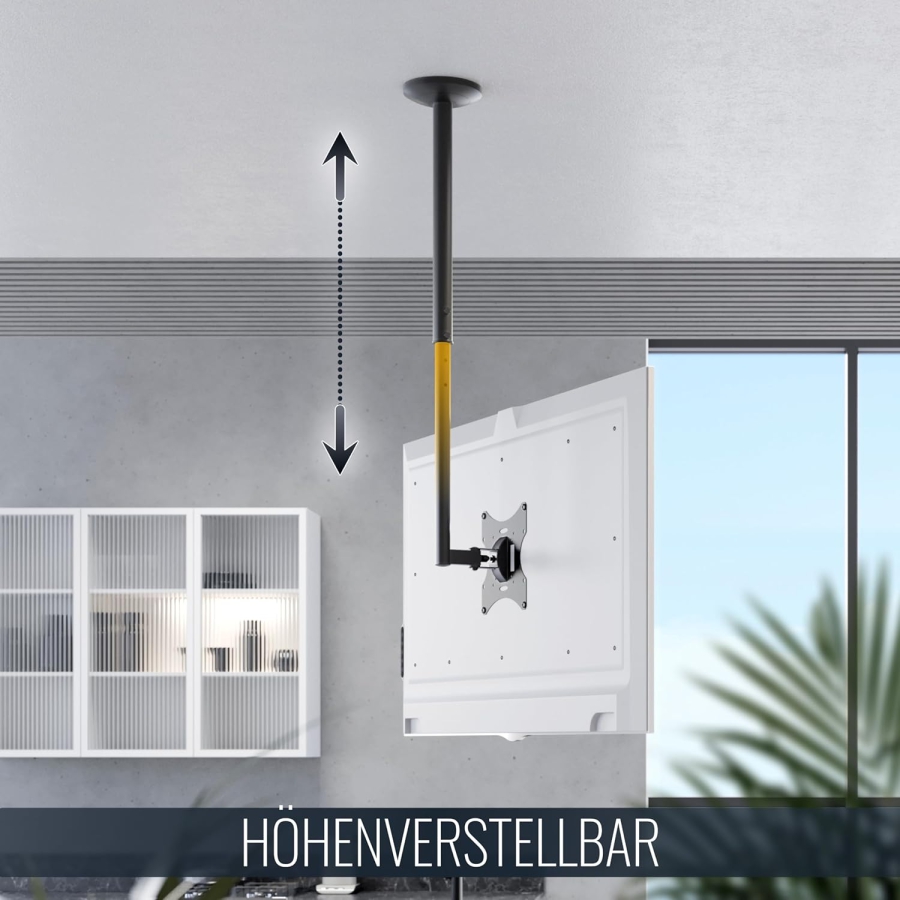 RICOO Supporto da Soffitto per Monitor & TV (D0322) per 32–55 Pollici (Supporto da soffitto flessibile: Girevole, Inclinabile & Regolabile in altezza fino a 20 kg – VESA max. 200x200 mm)