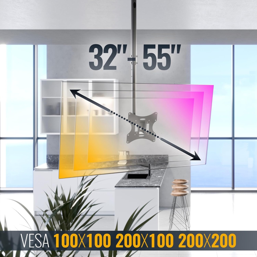 RICOO Supporto da Soffitto per Monitor & TV (D0322) per 32–55 Pollici (Supporto da soffitto flessibile: Girevole, Inclinabile & Regolabile in altezza fino a 20 kg – VESA max. 200x200 mm)