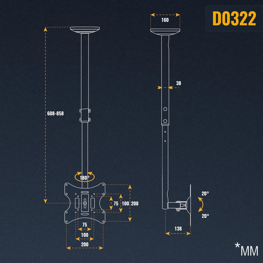 RICOO Supporto da Soffitto per Monitor & TV (D0322) per 32–55 Pollici (Supporto da soffitto flessibile: Girevole, Inclinabile & Regolabile in altezza fino a 20 kg – VESA max. 200x200 mm)