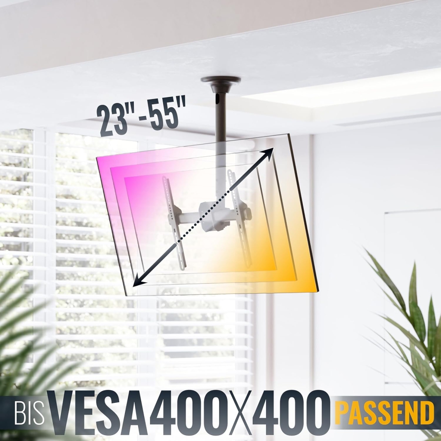 RICOO Supporto da Soffitto per TV (D0244) per Televisori da 32–55 Pollici (Robusto supporto da soffitto fino a 50 kg di portata – Girevole a 360°, Inclinabile & Regolabile in altezza.)