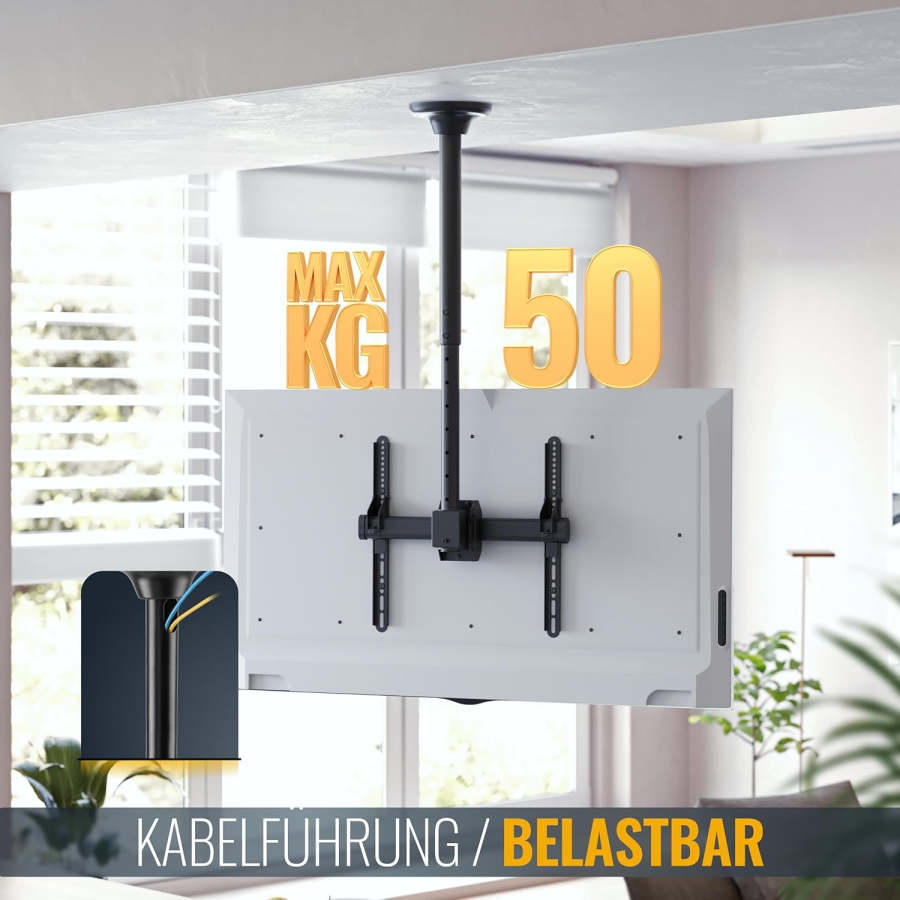 RICOO Supporto da Soffitto per TV (D0244) per Televisori da 32–55 Pollici (Robusto supporto da soffitto fino a 50 kg di portata – Girevole a 360°, Inclinabile & Regolabile in altezza.)