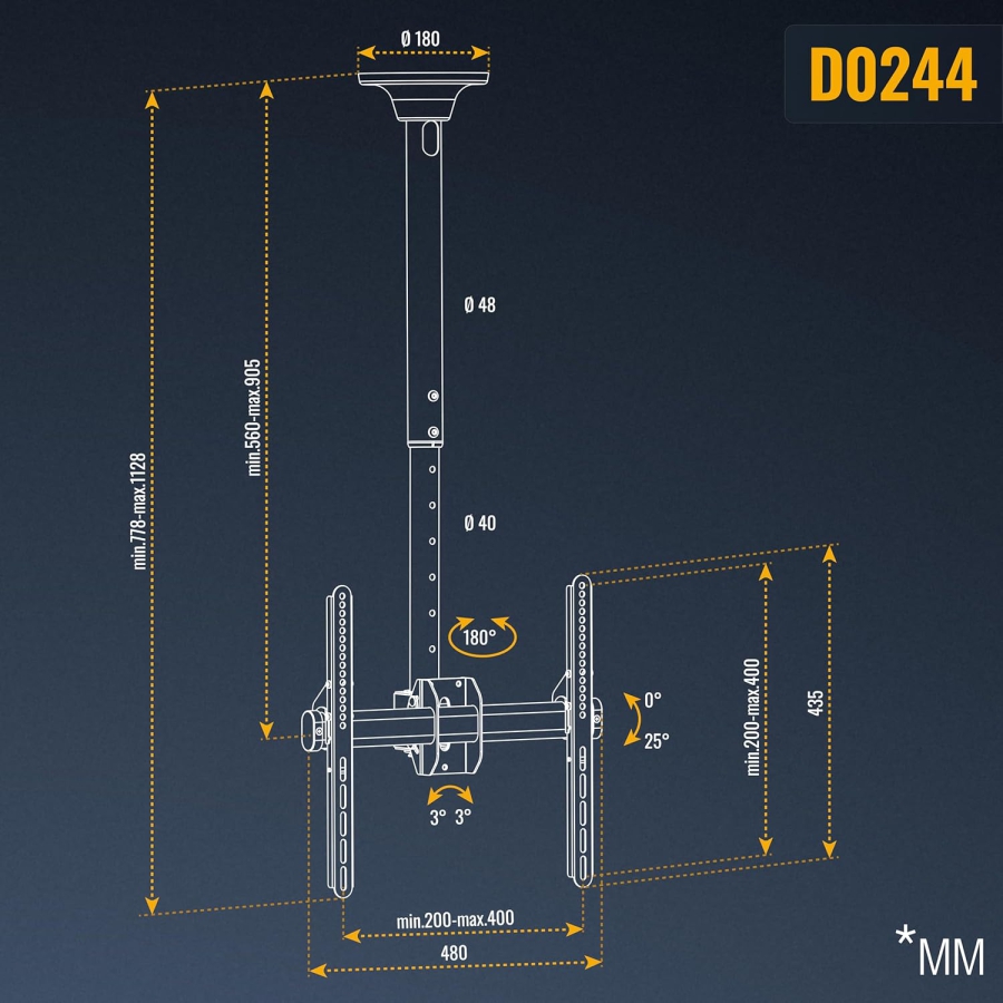 RICOO Supporto da Soffitto per TV (D0244) per Televisori da 32–55 Pollici (Robusto supporto da soffitto fino a 50 kg di portata – Girevole a 360°, Inclinabile & Regolabile in altezza.)
