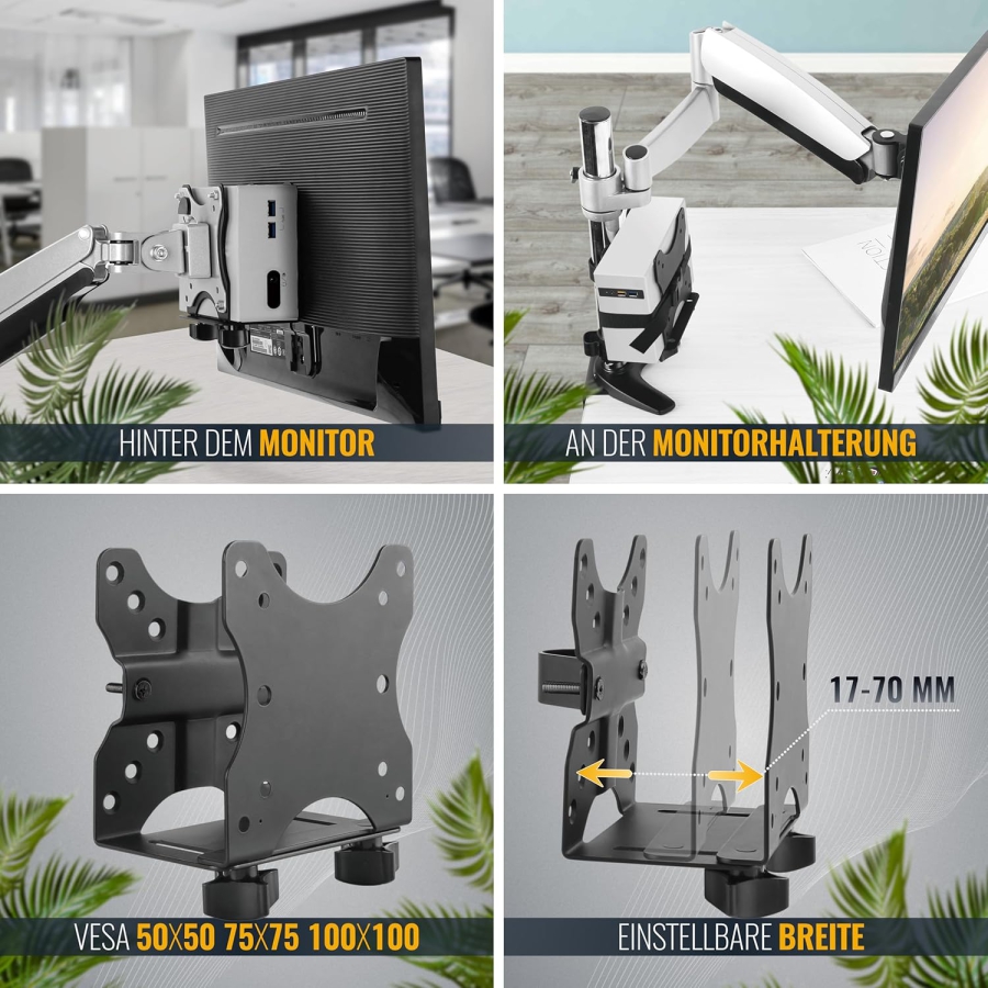 RICOO Supporto Universale per Mini PC (TRH-01) per VESA, Parete & Sottoscrivania (Supporto in acciaio regolabile per Thin Client & Intel NUC (17–70 mm) fino a 5 kg – Incl. cinghia di sicurezza)